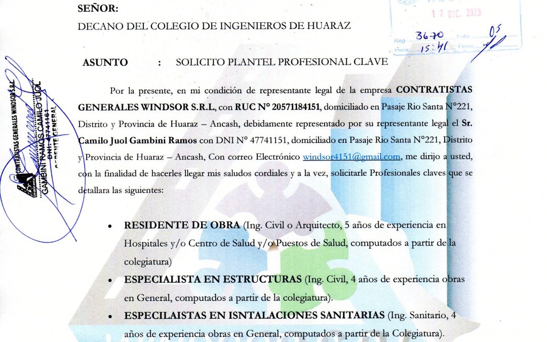 Requerimiento de Ingenieros Colegiados (contacto 043-421815 Gambini Ramos)